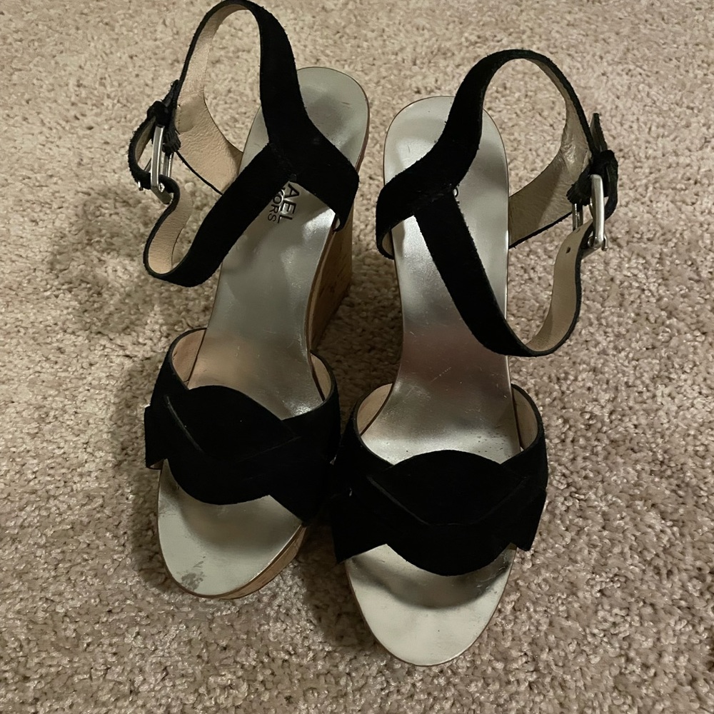 Michael kors black suede cork heel wedges 7